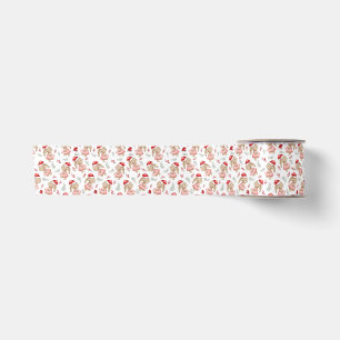 Cute Watercolor Christmas Bunnies with Santa Hat Satin Ribbon