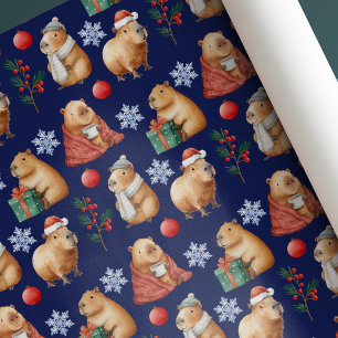 Cute Watercolor Christmas Capybara Wrapping Paper