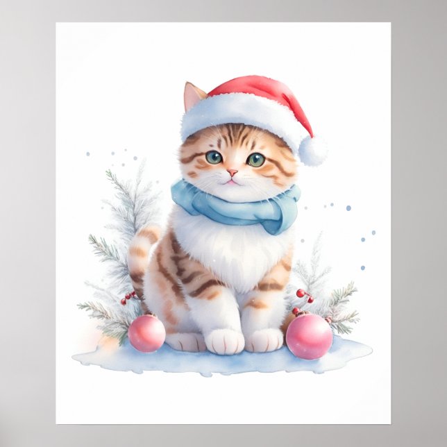 Cute Watercolor Christmas Cat In Santa Hat  Poster (Front)