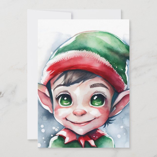 Cute Watercolor Christmas Elf with Long Ears Holiday Card (Front)