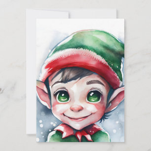 Cute Watercolor Christmas Elf with Long Ears Holiday Card
