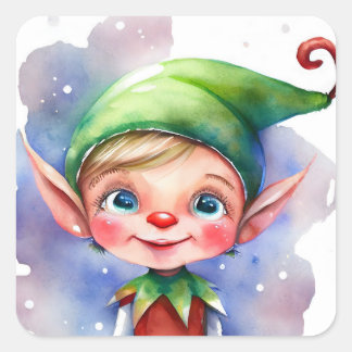 Cute Watercolor Christmas Elf with Long Ears Square Sticker
