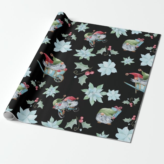 Cute Watercolor Christmas Gnomes Pattern Wrapping Paper (Unrolled)
