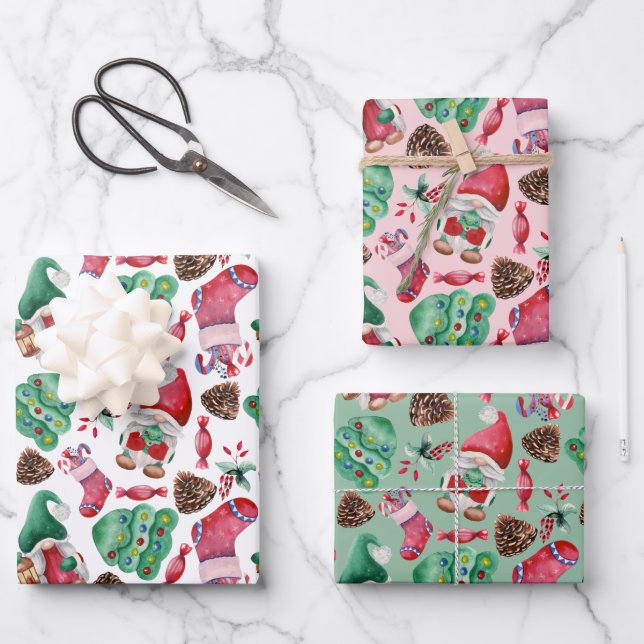 Cute Watercolor Christmas Gnomes Pattern Wrapping Paper Sheet (Front)