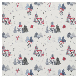 Cute Watercolor Christmas Holiday Penguin Pattern  Fabric