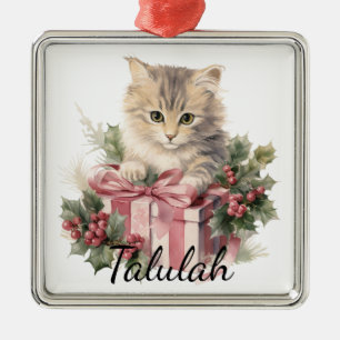 CUTE WATERCOLOR CHRISTMAS HOLIDAY TABBY CAT METAL TREE DECORATION