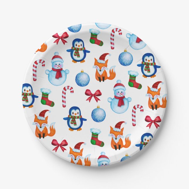 Cute  Watercolor Christmas Illustration Pattern Paper Plate (Front)