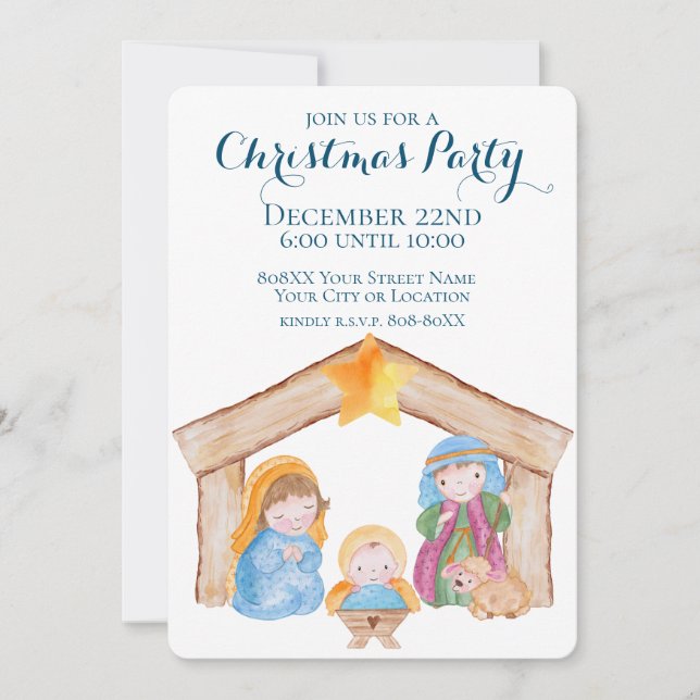 Cute Watercolor Christmas Nativity Scene Invitation (Front)