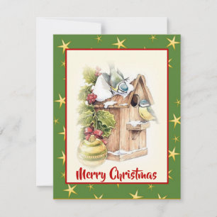 Cute Watercolor Christmas Ornament Bird Snow Stars Holiday Card