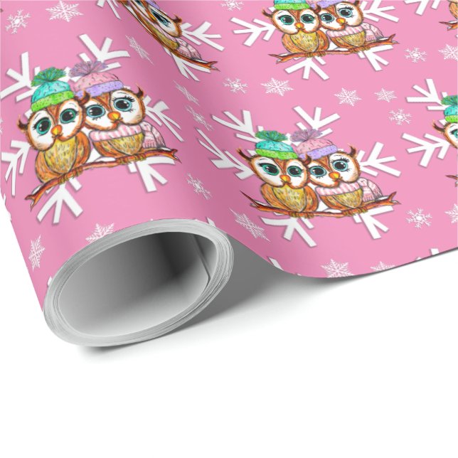 Cute Watercolor Christmas Owls and Snowflakes Pink Wrapping Paper (Roll Corner)