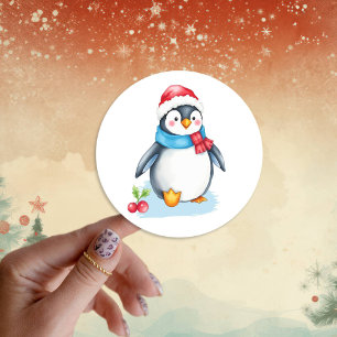 Cute Watercolor Christmas Penguin Classic Round Sticker