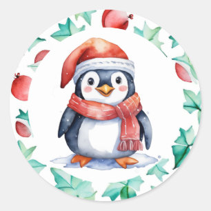 Cute Watercolor Christmas Penguin Holiday Classic Round Sticker