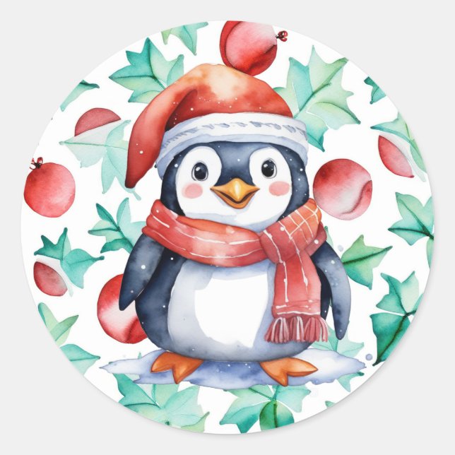 Cute Watercolor Christmas Penguin Holiday Classic Round Sticker (Front)