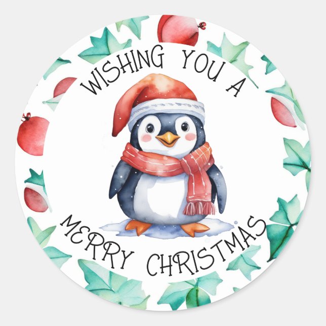 Cute Watercolor Christmas Penguin Holiday Classic Round Sticker (Front)