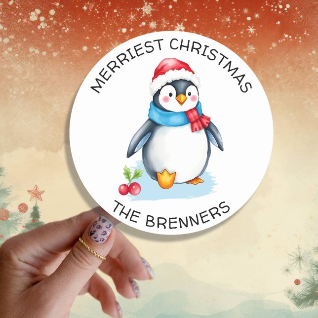 Cute Watercolor Christmas Penguin Personalised Classic Round Sticker (Creator Uploaded)