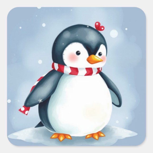Cute Watercolor Christmas Penguin with Scarf Square Sticker (Front)