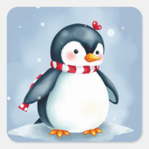 Cute Watercolor Christmas Penguin with Scarf Square Sticker