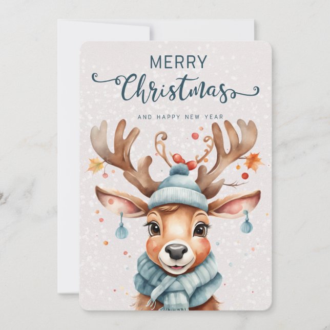 Cute Watercolor Christmas Reindeer Holiday Card (Front)