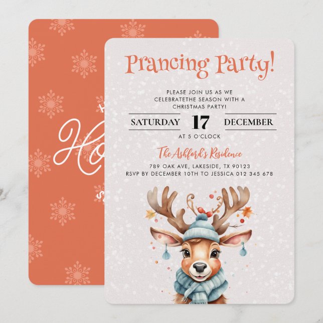 Cute Watercolor Christmas Reindeer Holiday Party Invitation (Front/Back)