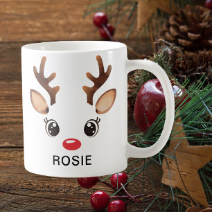 Cute Watercolor Christmas Reindeer Red Nose Coffee Mug