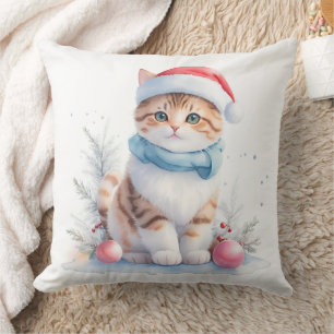 Cute Watercolor Christmas Santa Cat Cushion