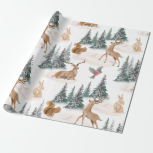 Cute Watercolor Christmas Snow Woodland Animals Wrapping Paper