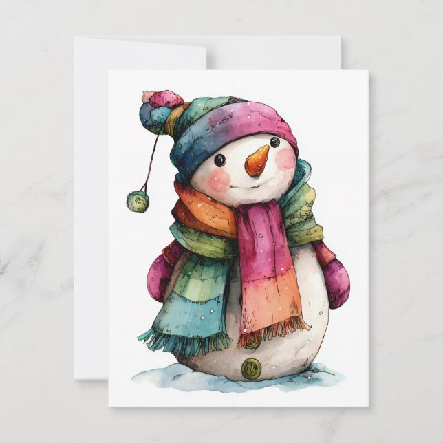Cute Watercolor Christmas Snowman  Holiday Card (Front)