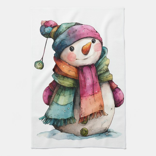 Cute Watercolor Christmas Snowman Kitchen Towel (Vertical)