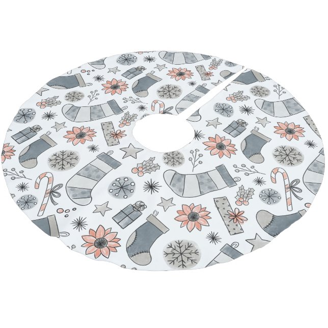 Cute Watercolor Christmas Stocking Doodles Brushed Polyester Tree Skirt (Angled)