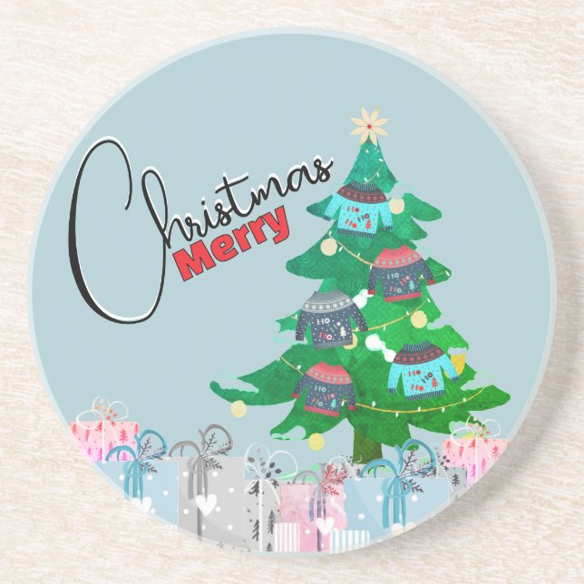 Cute Watercolor Christmas Tree Merry Christmas Coaster (Front)