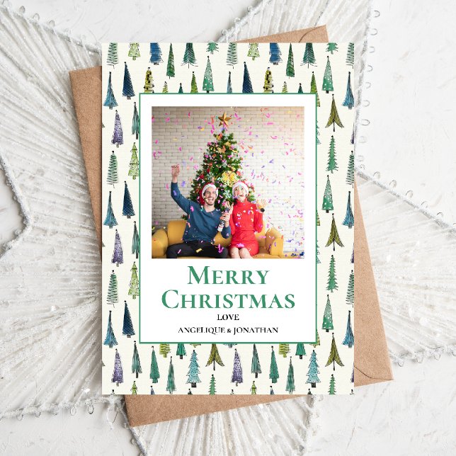 Cute Watercolor Christmas Tree Pattern Photo Holiday Card (Creator Uploaded)