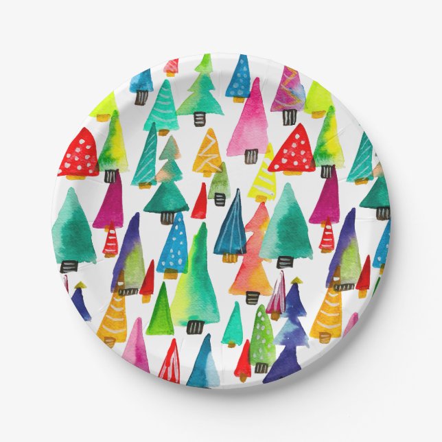 Cute watercolor Christmas trees Paper Plate (Front)