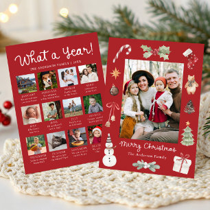 Cute Watercolor Christmas Year in Review Photo Holiday Card