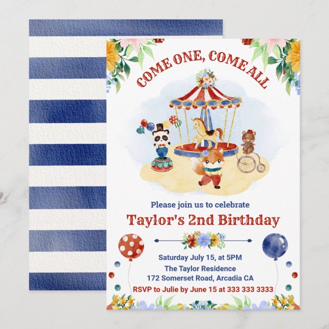 Cute Watercolor Circus Carnival Kids Birthday Invitation (Front/Back)
