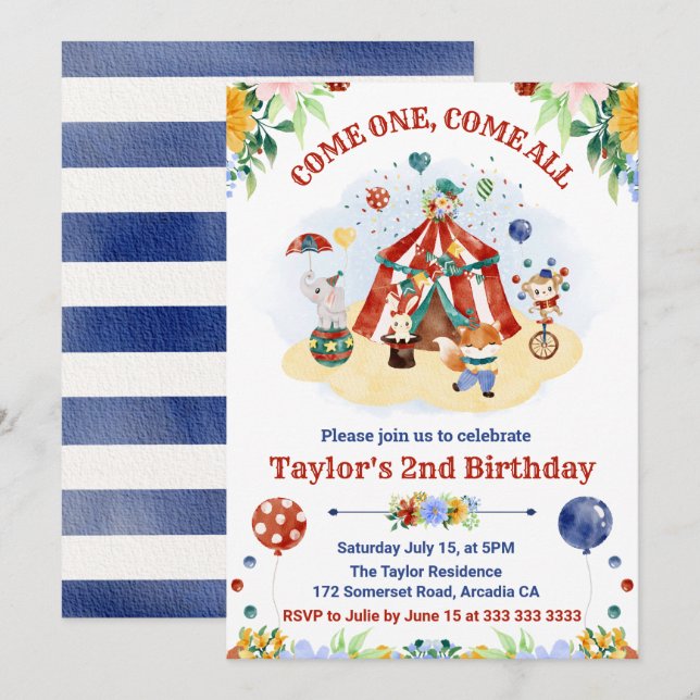 Cute Watercolor Circus Carnival Kids Birthday Invitation (Front/Back)