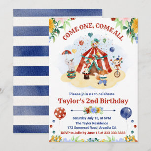 Cute Watercolor Circus Carnival Kids Birthday Invitation