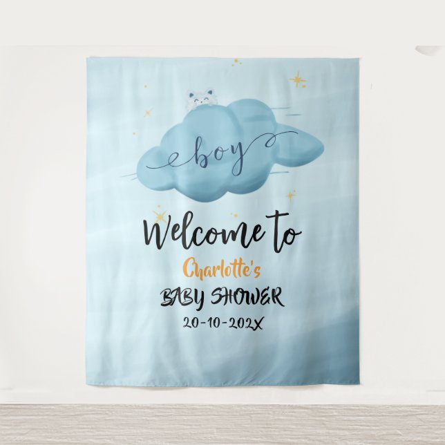 Cute Watercolor Cloud Baby Boy Shower Backdrop Tapestry (Front)