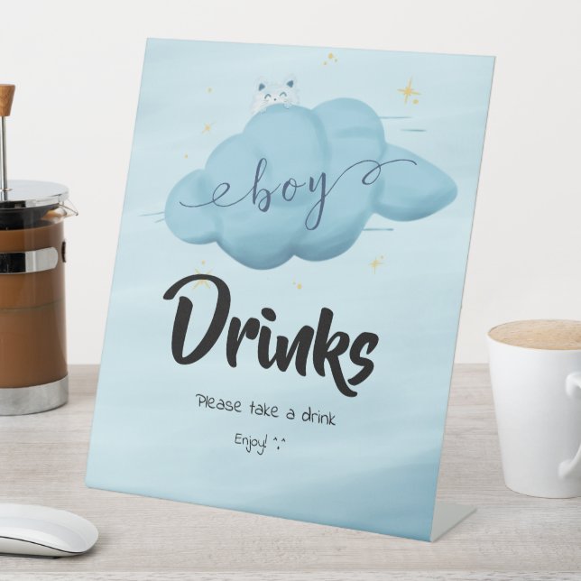 Cute Watercolor Cloud Baby Boy Shower Drinks Pedestal Sign (In SItu)