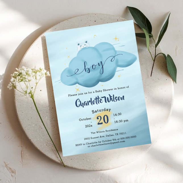 Cute Watercolor Cloud Baby Boy Shower Invitation (Creator Uploaded)