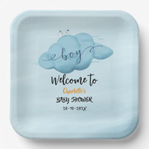 Cute Watercolor Cloud Baby Boy Shower Paper Plate