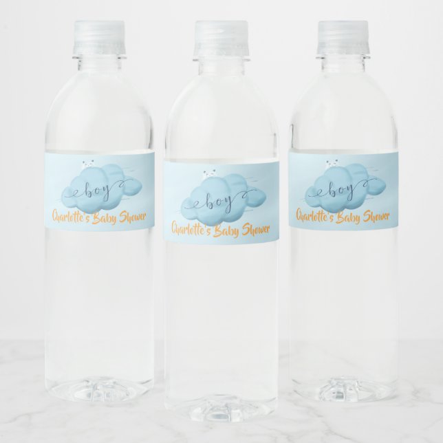 Cute Watercolor Cloud Baby Boy Shower Water Bottle Label (Bottles)