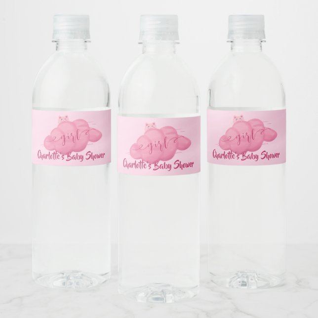 Cute Watercolor Cloud Baby Girl Shower Water Bottle Label (Bottles)