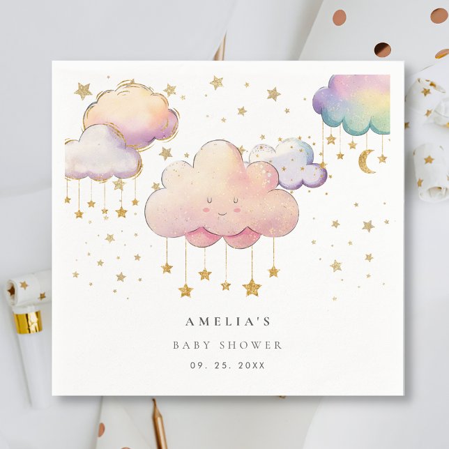 Cute Watercolor Cloud Star Baby Girl Shower Napkin (Creator Uploaded)