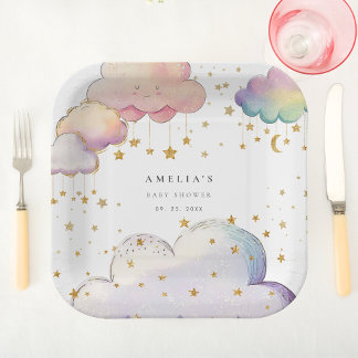 Cute Watercolor Cloud Star Baby Girl Shower Paper Plate