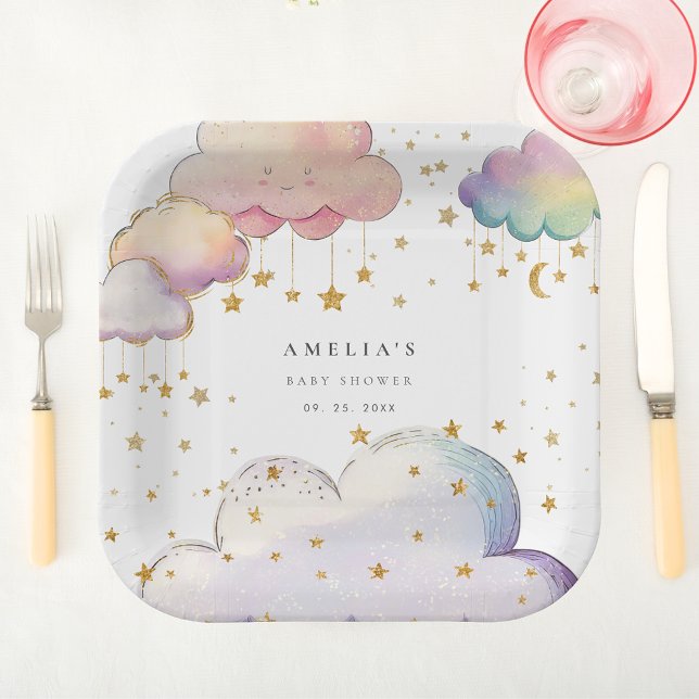 Cute Watercolor Cloud Star Baby Girl Shower Paper Plate (Creator Uploaded)