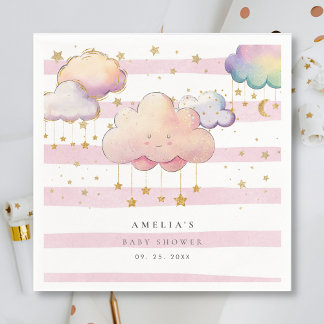 Cute Watercolor Cloud Star Baby Girl Shower Pink Napkin