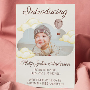 Cute Watercolor Clouds Photo Baby Birth Announcement