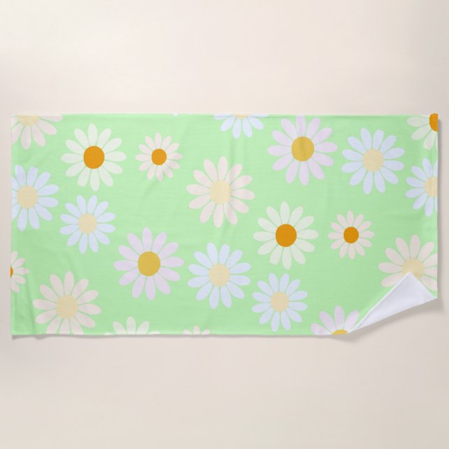 Cute watercolor colourful Daisy Pattern Green Beach Towel (Front)
