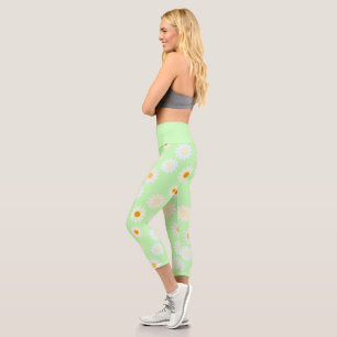 Cute watercolor colourful Daisy Pattern Green Capri Leggings