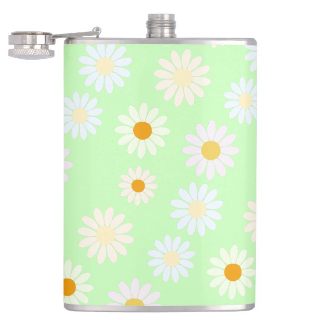 Cute watercolor colourful Daisy Pattern Green Hip Flask (Opened)